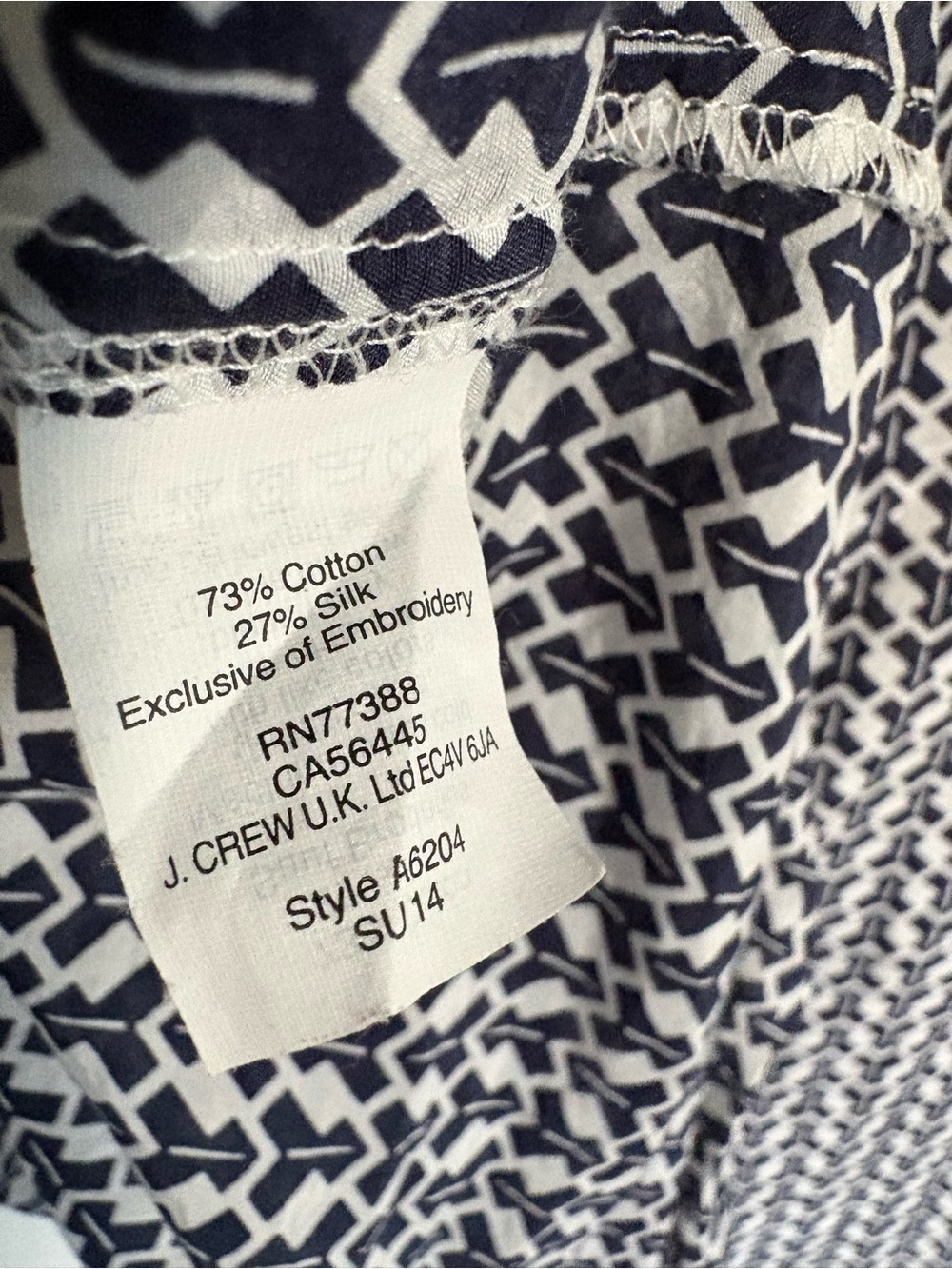 J.Crew Embroidered Printed Sleeveless V-Neck Tank Blue & White | Size 12 - Picture 6 of 6